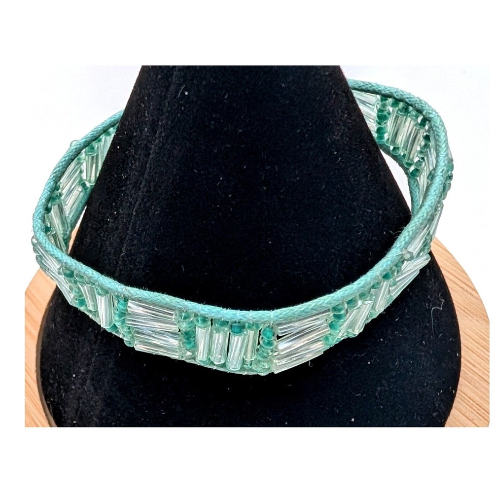 Handmade Teal Beaded Bugle Bracelet Boho Glass Bead Button Loop Closure 7 Inch